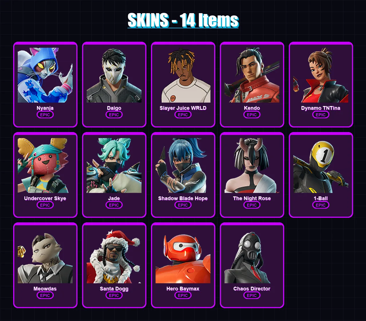 [PC/XBOX/PSN] | Nyanja | Daigo | Slayer Juice WRLD | Kendo | Dynamo TNTina | 14 skin | 22 pickaxe | 20 emote | 18 glider | Lv211 — Fortnite account
