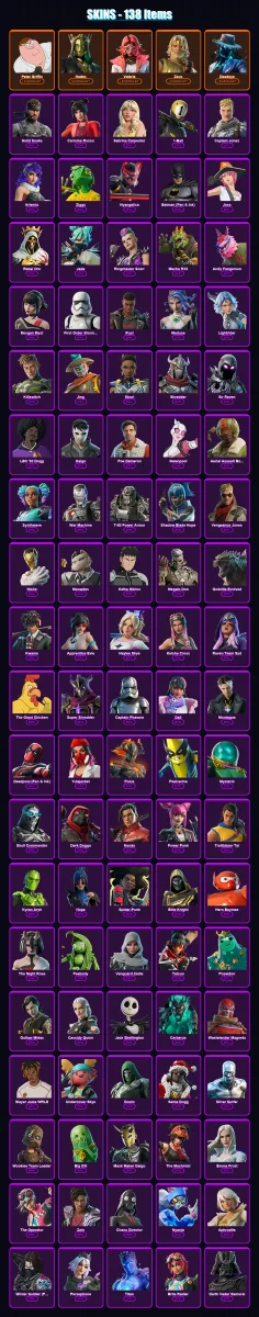 [PC/PSN] | Peter Griffin | Hades | Valeria | Zeus | Deadeye | 138 skin | 153 pickaxe | 116 emote | 89 glider | Lv1919