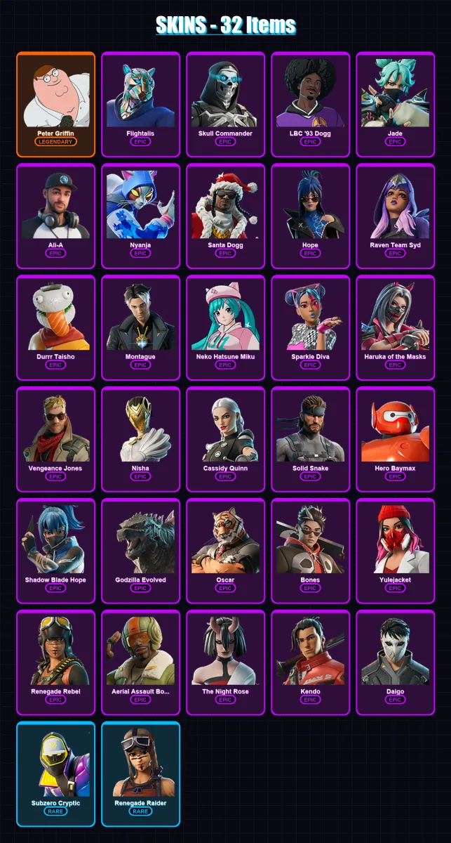 [PS4/PS5/XBOX/PC] | Peter Griffin | Flightalis | Skull Commander | LBC '93 Dogg | Jade | 32 skin | 45 pickaxe | 26 emote | 30 glider | Lv228
