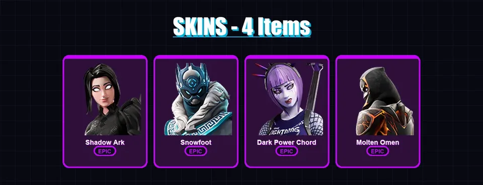 [PC/XBOX/PSN] | Shadow Ark | Snowfoot | Dark Power Chord | Molten Omen | 4 skin | 8 pickaxe | 4 emote | 6 glider | Lv74 — main preview