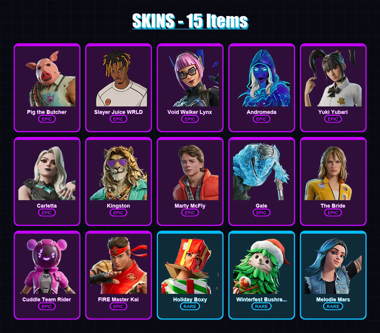 [PC/PSN] | Pig the Butcher | Slayer Juice WRLD | Void Walker Lynx | Andromeda | Yuki Yubari | 15 skin | 58 pickaxe | 22 emote | 25 glider | Lv474