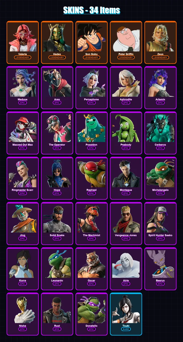[PC/XBOX/PSN] | Valeria | Hades | Son Goku | Peter Griffin | Zeus | 34 skin | 42 pickaxe | 39 emote | 27 glider | Lv362