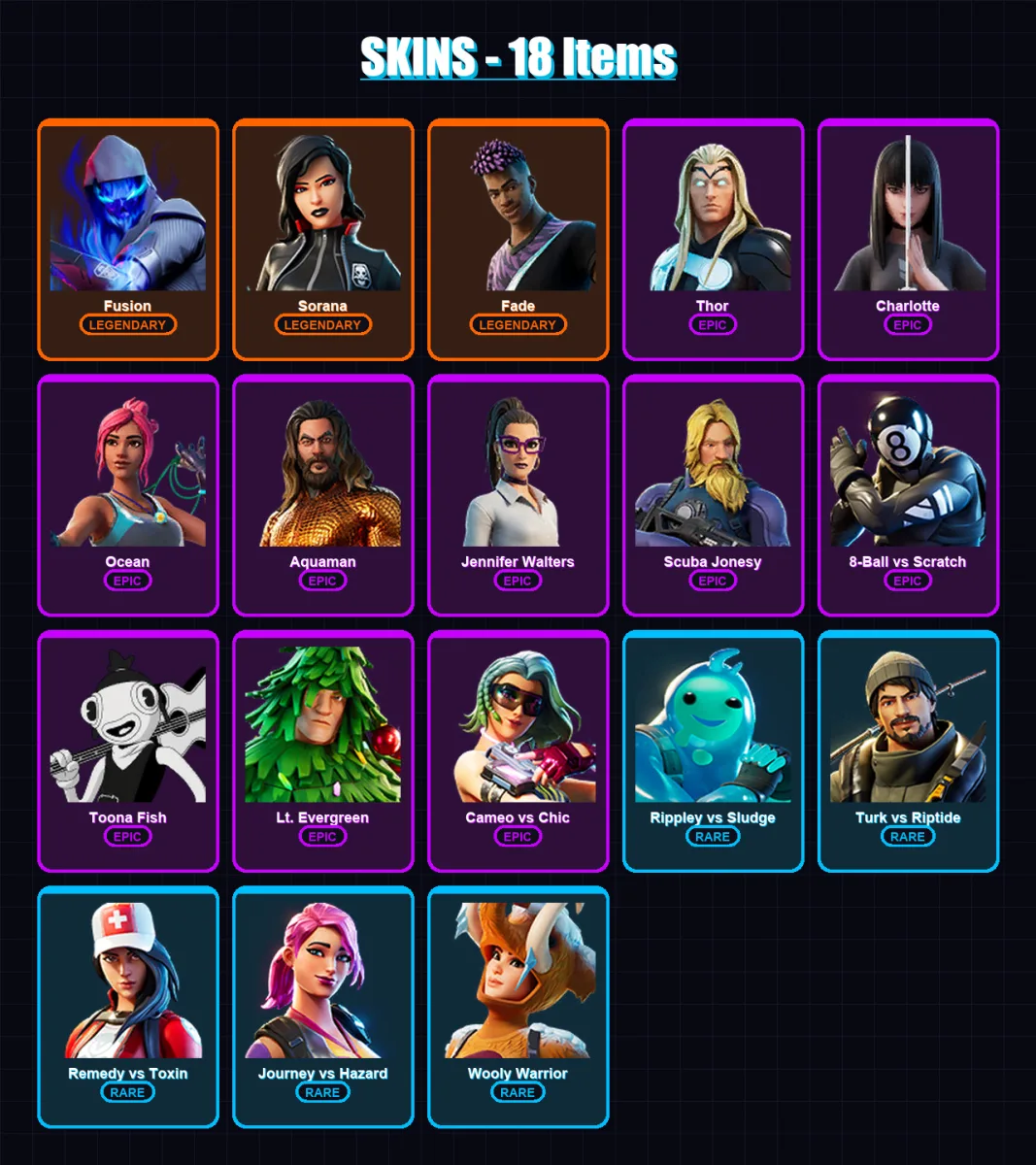 [PC/XBOX/PSN] | Fusion | Sorana | Fade | Thor | Charlotte | 18 skin | 26 pickaxe | 18 emote | 25 glider | Lv406