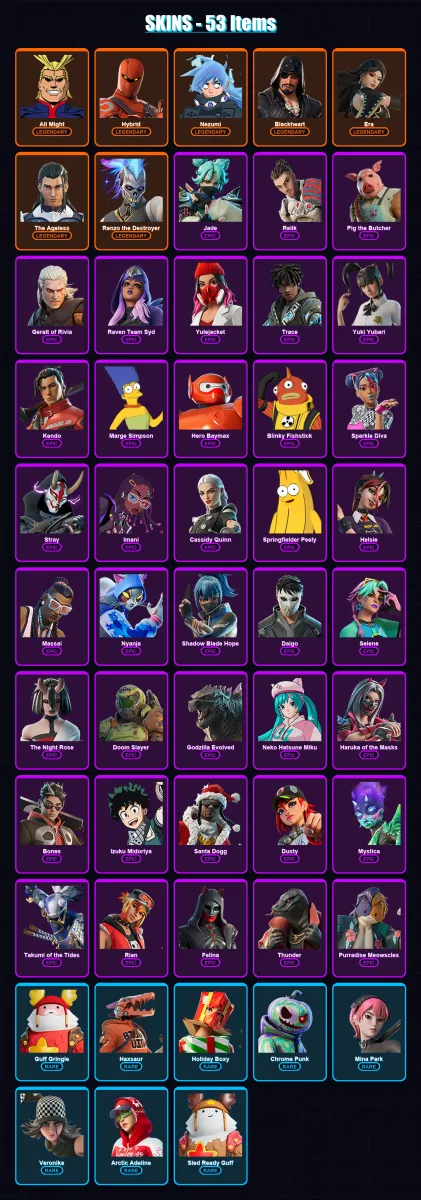 [SWITCH/PSN/PC] | All Might | Hybrid | Nezumi | Blackheart | Era | 53 skin | 97 pickaxe | 53 emote | 84 glider | Lv1117