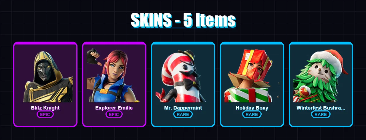 [PC/PSN] | Blitz Knight | Explorer Emilie | Mr. Dappermint | Holiday Boxy | Winterfest Bushranger | 5 skin | 8 pickaxe | 1 emote | 6 glider | Lv77
