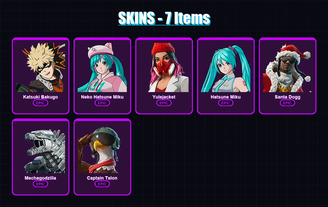 [PC] | Katsuki Bakugo | Neko Hatsune Miku | Yulejacket | Hatsune Miku | Santa Dogg | 7 skin | 42 pickaxe | 20 emote | 22 glider | Lv244