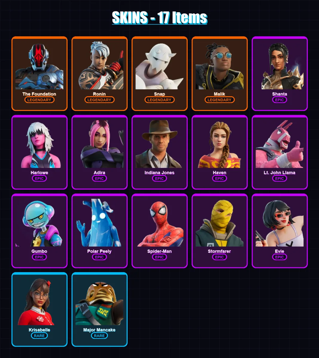 [PC/XBOX] | The Foundation | Ronin | Snap | Malik | Shanta | 17 skin | 22 pickaxe | 22 emote | 28 glider | Lv445
