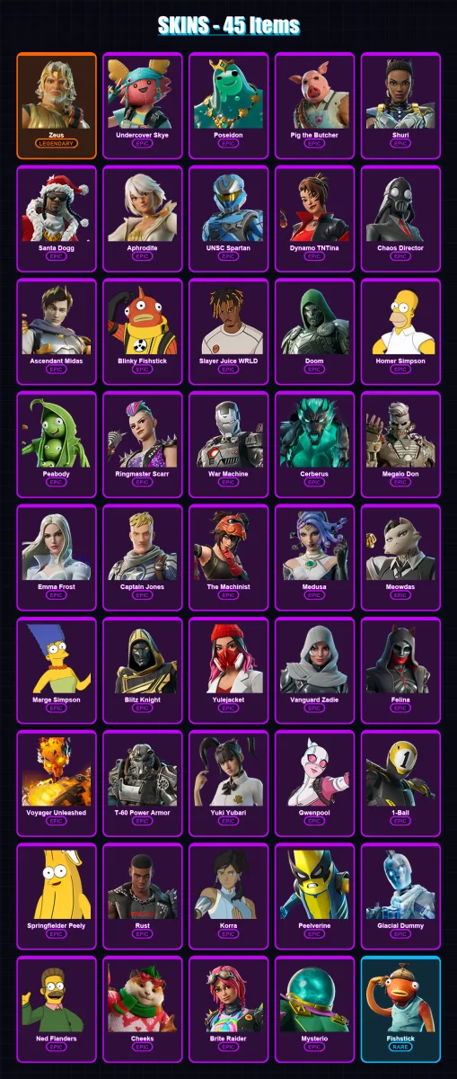 [SWITCH/XBOX/PSN/PC] | Zeus | Undercover Skye | Poseidon | Pig the Butcher | Shuri | 45 skin | 115 pickaxe | 62 emote | 79 glider | Lv1180
