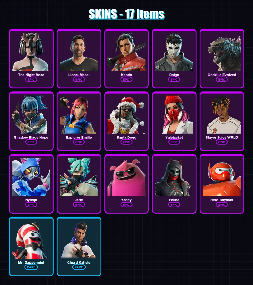 [PC/XBOX/PSN] | The Night Rose | Lionel Messi | Kendo | Daigo | Godzilla Evolved | 17 skin | 43 pickaxe | 26 emote | 22 glider | Lv500