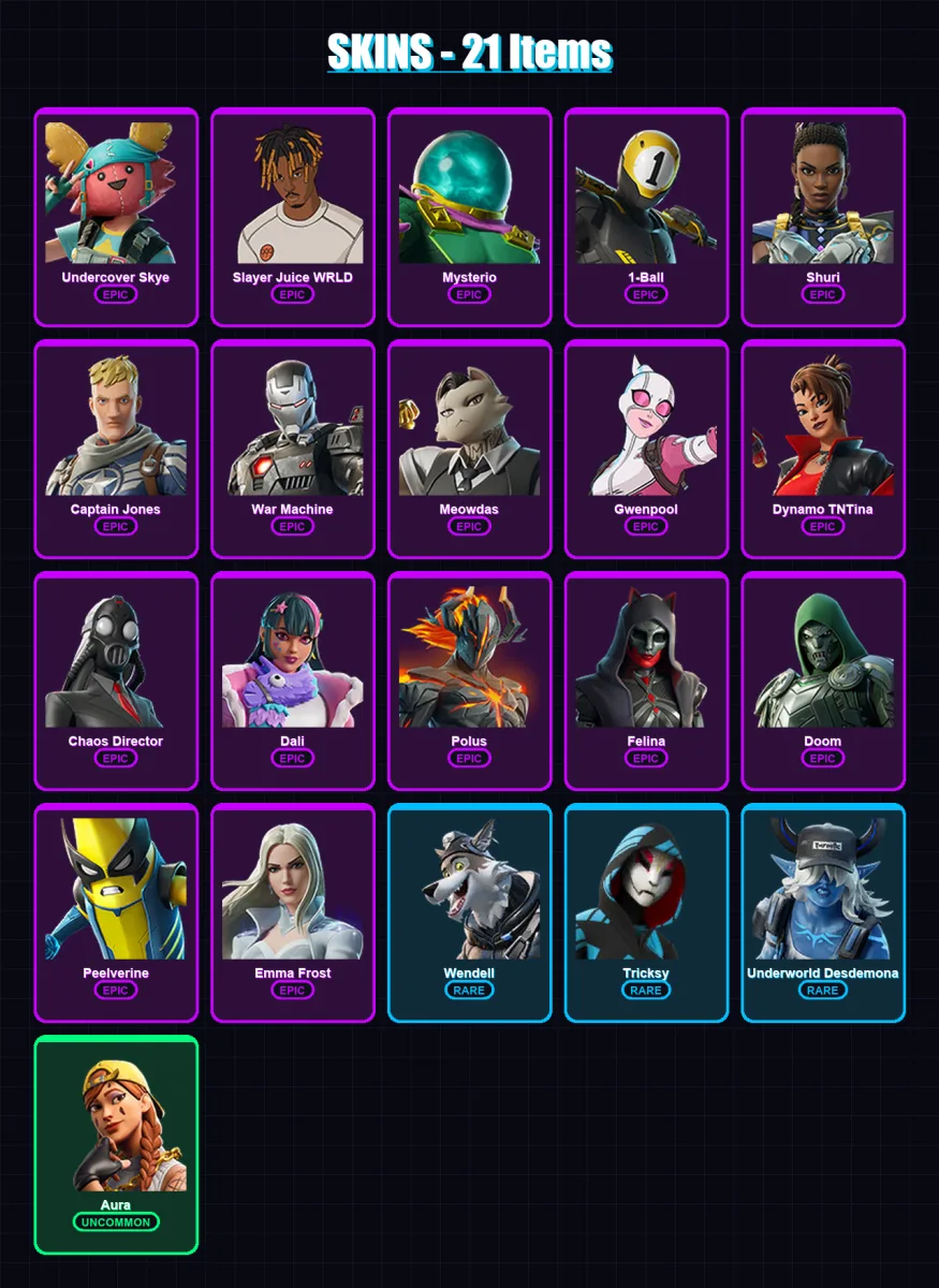 [PS4/PS5/XBOX/PC] | Undercover Skye | Slayer Juice WRLD | Mysterio | 1-Ball | Shuri | 21 skin | 25 pickaxe | 20 emote | 26 glider | Lv374