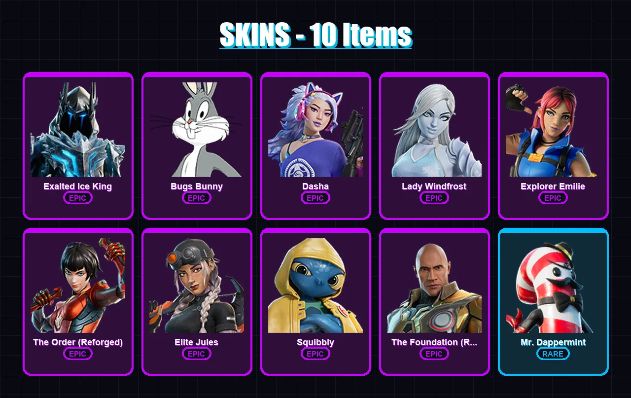 [PC/XBOX/PSN] | Exalted Ice King | Bugs Bunny | Dasha | Lady Windfrost | Explorer Emilie | 10 skin | 13 pickaxe | 11 emote | 12 glider | Lv172