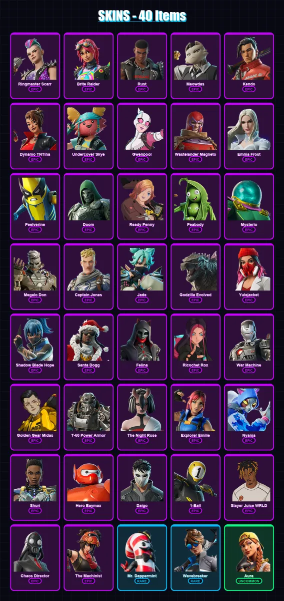[SWITCH/XBOX/PSN/PC] | Ringmaster Scarr | Brite Raider | Rust | Meowdas | Kendo | 40 skin | 81 pickaxe | 52 emote | 57 glider | Lv1229