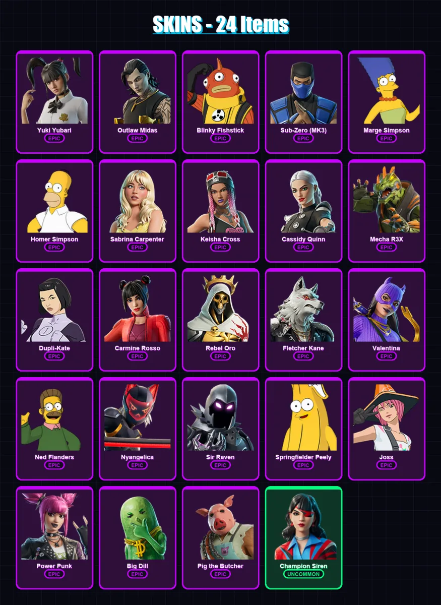 [PC/XBOX] | Yuki Yubari | Outlaw Midas | Blinky Fishstick | Sub-Zero (MK3) | Marge Simpson | 24 skin | 46 pickaxe | 35 emote | 32 glider | Lv496