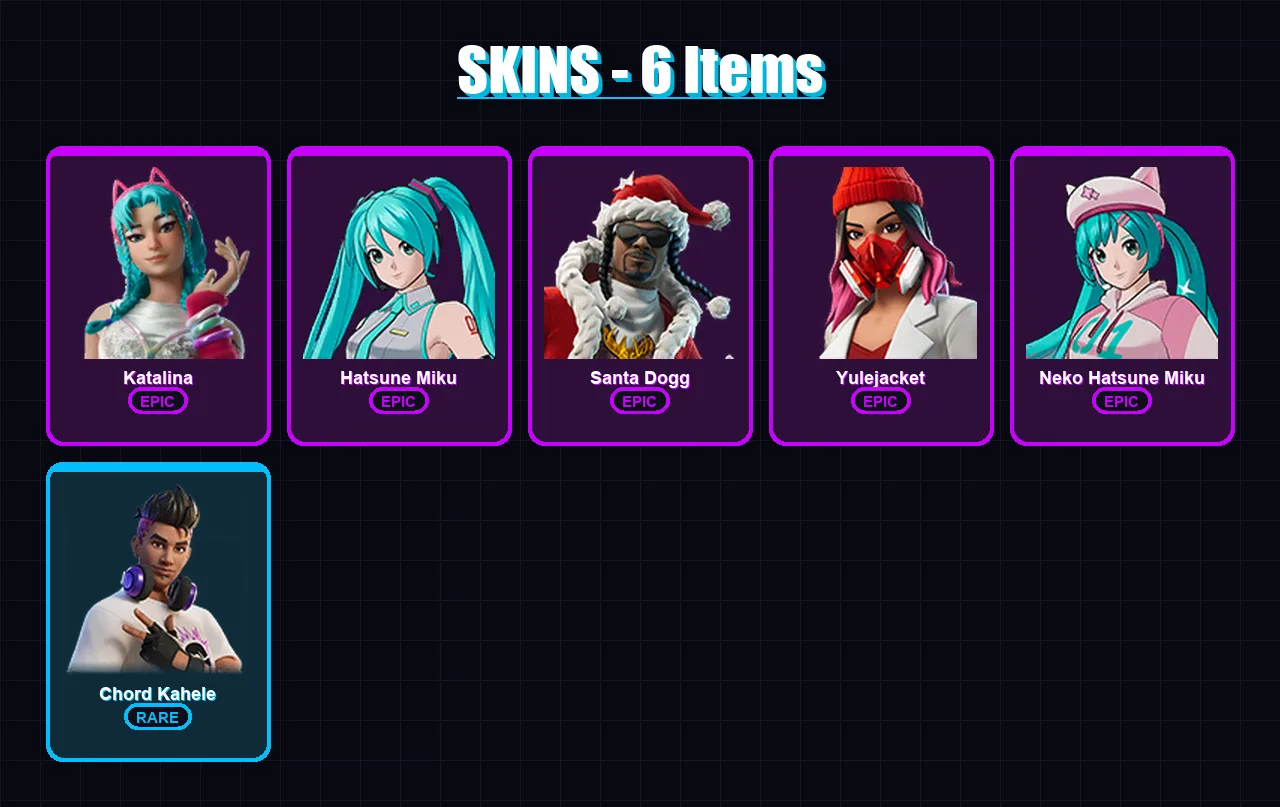 [PC/PSN] | Katalina | Hatsune Miku | Santa Dogg | Yulejacket | Neko Hatsune Miku | 6 skin | 18 pickaxe | 12 emote | 7 glider | Lv56