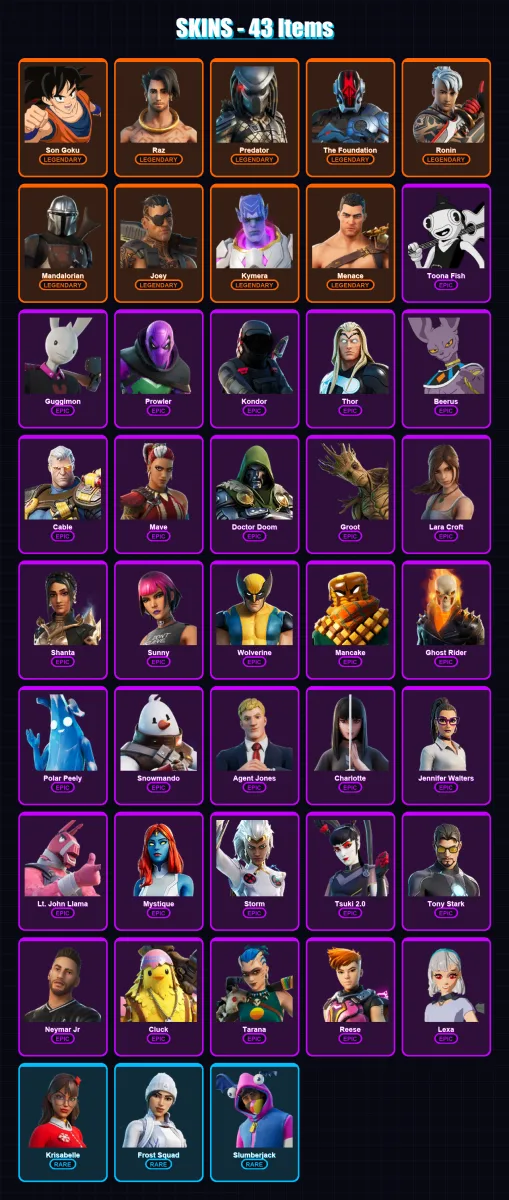 [PC/PSN] | Son Goku | Raz | Predator | The Foundation | Ronin | 43 skin | 56 pickaxe | 34 emote | 53 glider | Lv731 — Fortnite account
