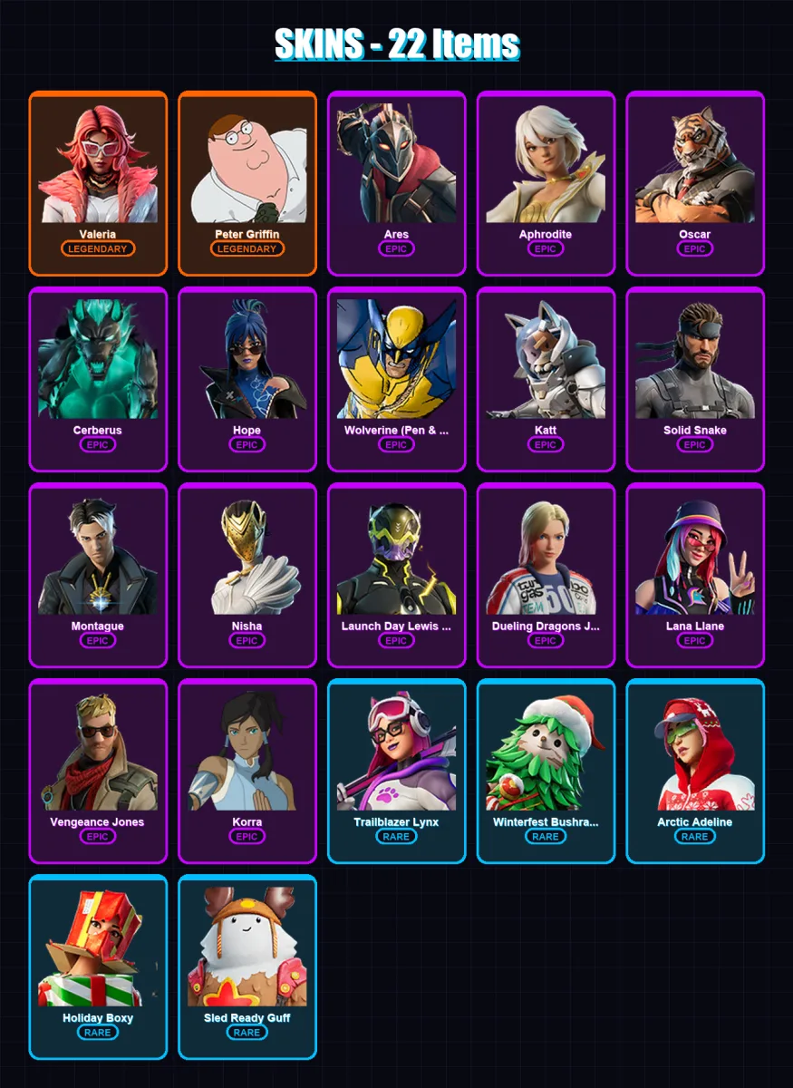 [PC/XBOX/PSN] | Valeria | Peter Griffin | Ares | Aphrodite | Oscar | 22 skin | 24 pickaxe | 17 emote | 22 glider | Lv183
