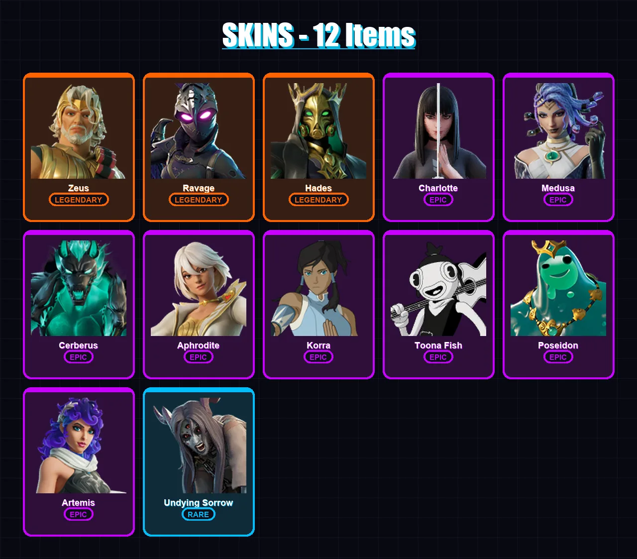 [PC/XBOX/PSN] | Zeus | Ravage | Hades | Charlotte | Medusa | 12 skin | 20 pickaxe | 19 emote | 20 glider | Lv228 — Fortnite account