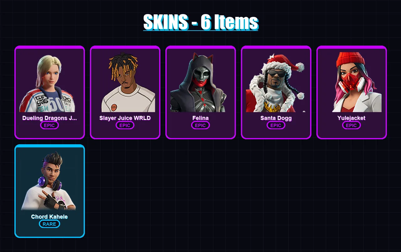 [PC/PSN] | Dueling Dragons Jackie | Slayer Juice WRLD | Felina | Santa Dogg | Yulejacket | 6 skin | 25 pickaxe | 10 emote | 17 glider | Lv245