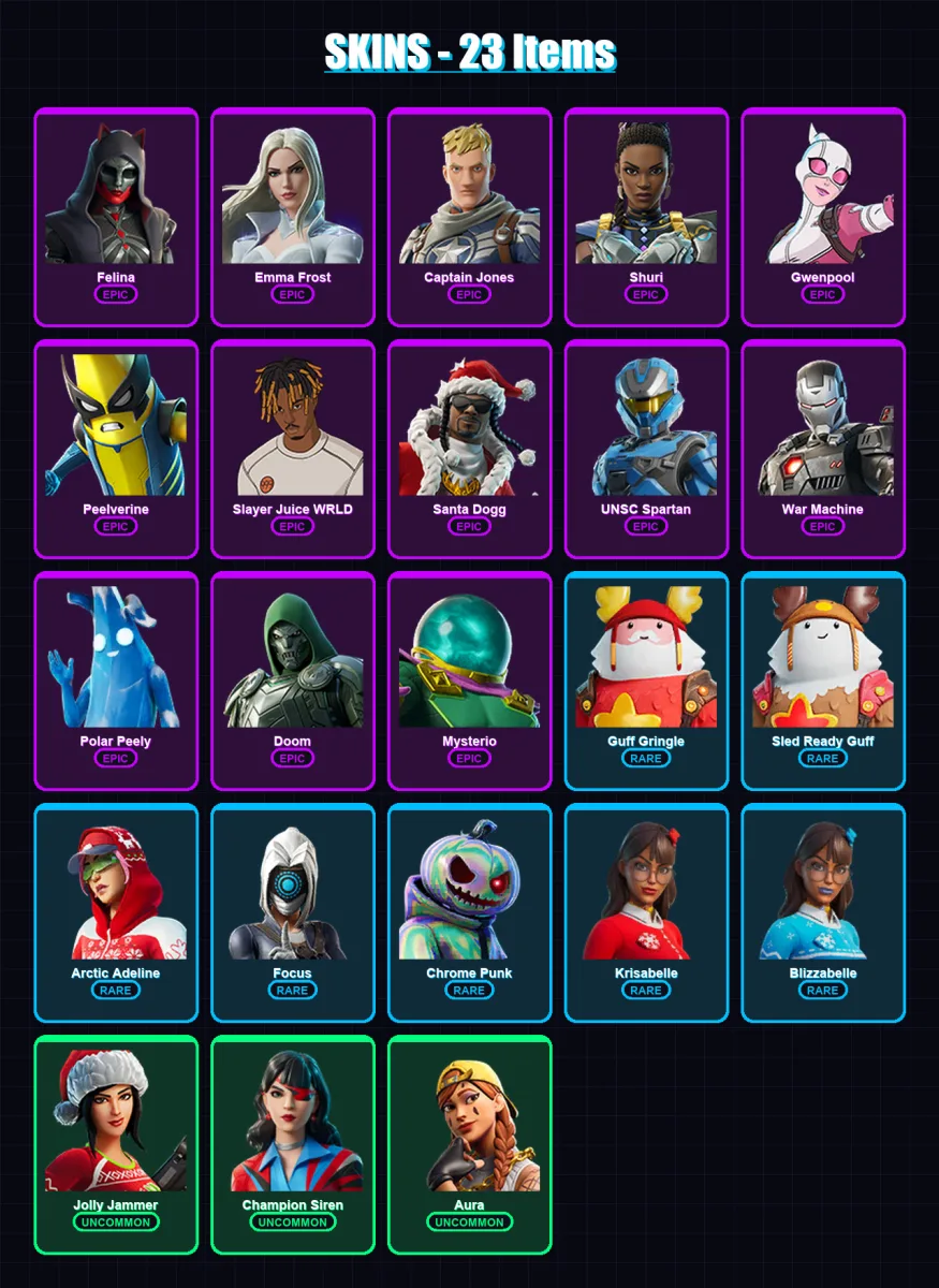 [PC/XBOX/PSN] | Felina | Emma Frost | Captain Jones | Shuri | Gwenpool | 23 skin | 94 pickaxe | 64 emote | 68 glider | Lv1725
