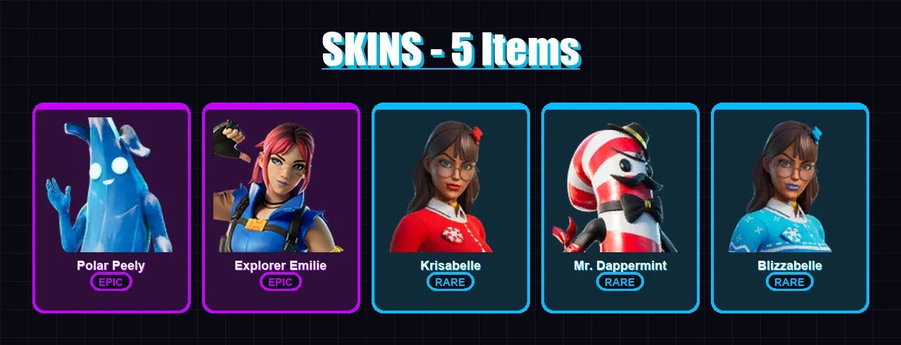 [PC/PSN] | Polar Peely | Explorer Emilie | Krisabelle | Mr. Dappermint | Blizzabelle | 5 skin | 5 pickaxe | 5 emote | 5 glider | Lv61