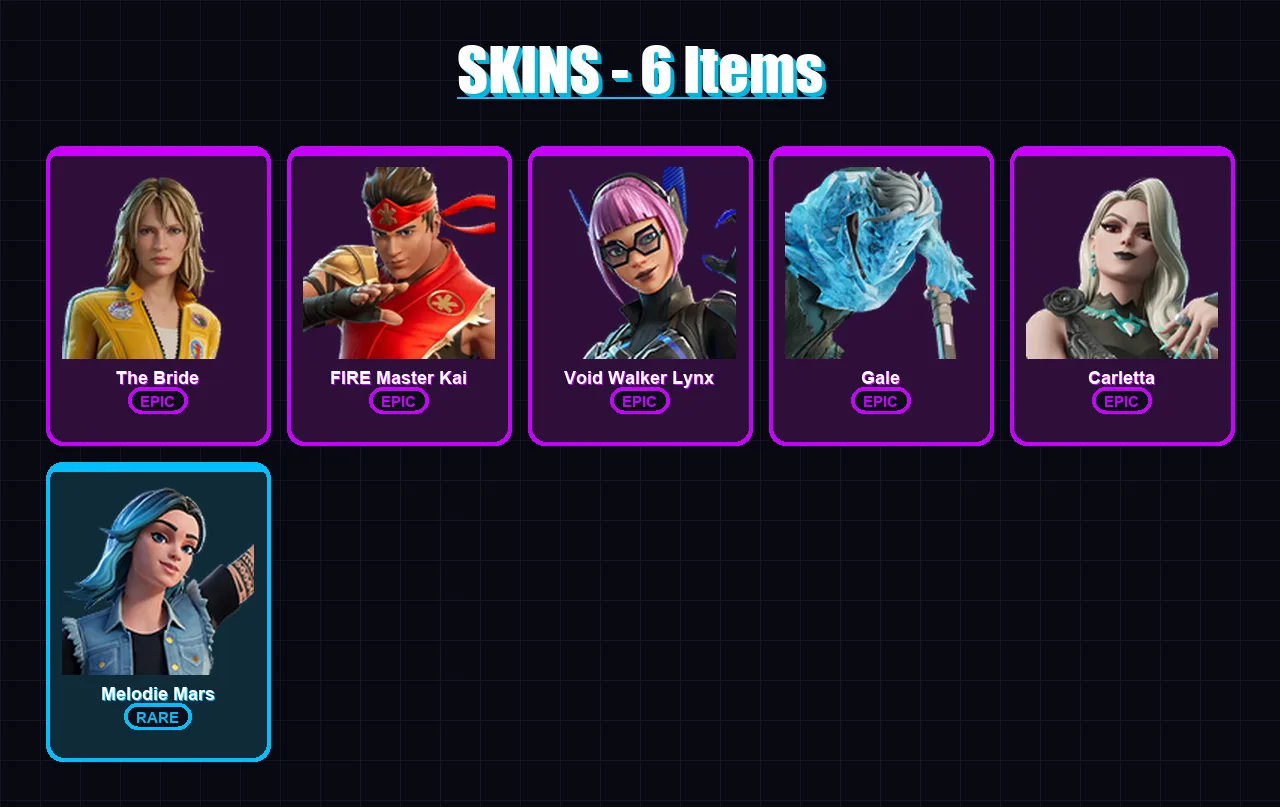 [PC/PSN] | The Bride | FIRE Master Kai | Void Walker Lynx | Gale | Carletta | 6 skin | 6 pickaxe | 4 emote | 6 glider | Lv22