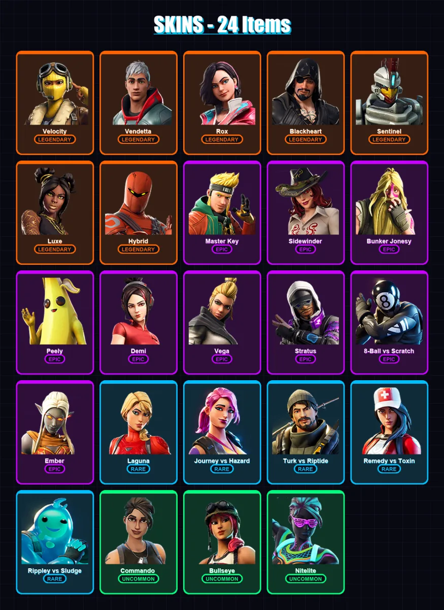 [PS4/PS5/XBOX/PC] | Velocity | Vendetta | Rox | Blackheart | Sentinel | 24 skin | 19 pickaxe | 37 emote | 29 glider | Lv533 — Fortnite account