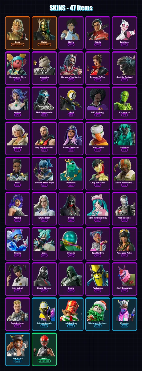 [PC/XBOX] | Zeus | Hades | Korra | Kendo | Gwenpool | 47 skin | 73 pickaxe | 49 emote | 53 glider | Lv795