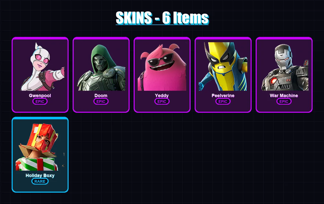 [PC/PSN] | Gwenpool | Doom | Yeddy | Peelverine | War Machine | 6 skin | 22 pickaxe | 6 emote | 14 glider | Lv104
