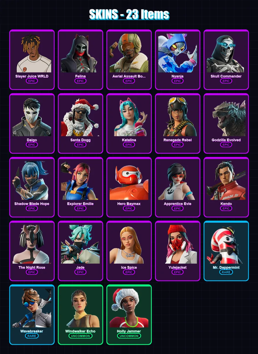 [PC/XBOX/PSN] | Slayer Juice WRLD | Felina | Aerial Assault Bomber | Nyanja | Skull Commander | 23 skin | 46 pickaxe | 21 emote | 29 glider | Lv969 — Fortnite account
