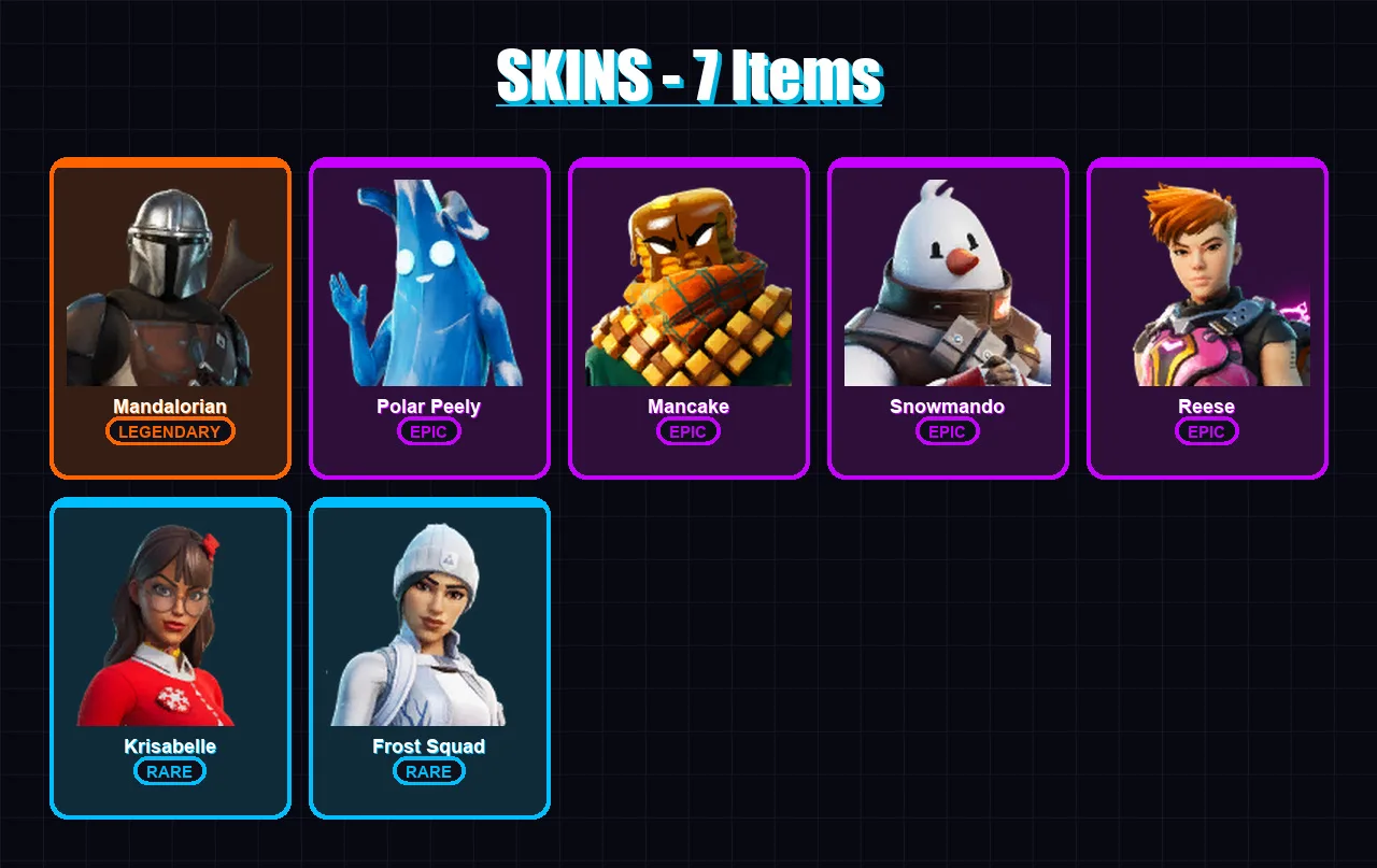 [PC/XBOX/PSN] | Mandalorian | Polar Peely | Mancake | Snowmando | Reese | 7 skin | 9 pickaxe | 6 emote | 8 glider | Lv84