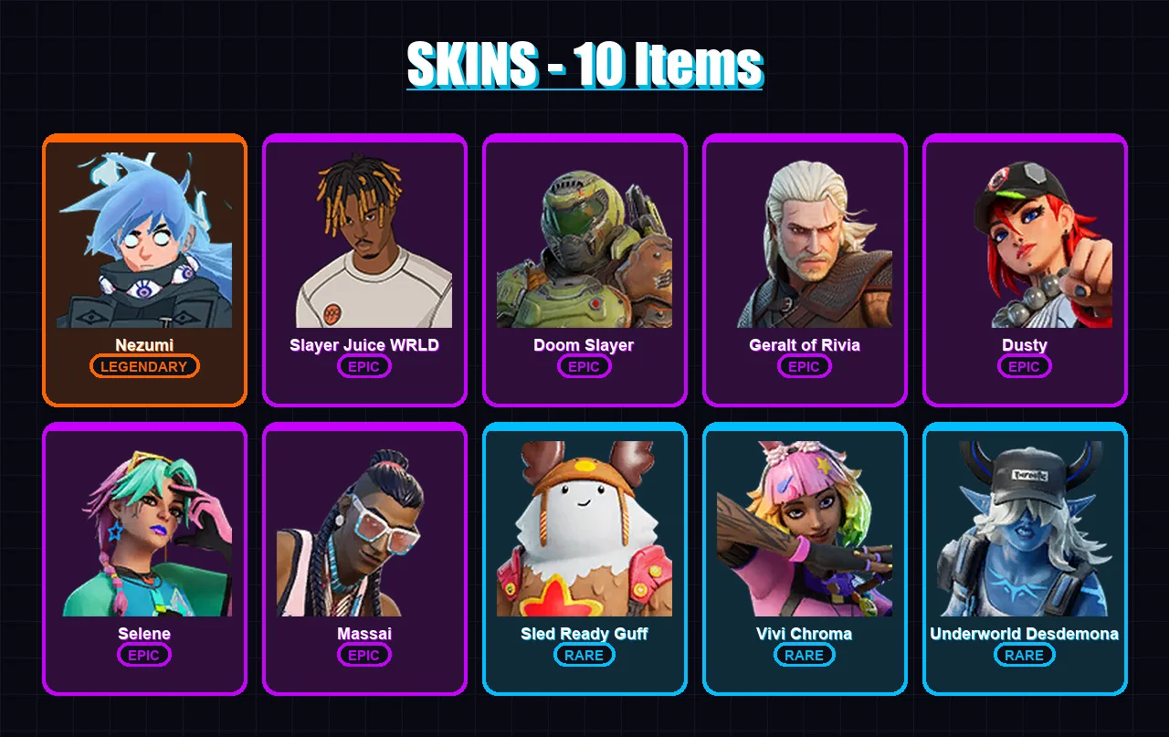 [PS4/PS5/XBOX/PC] | Nezumi | Slayer Juice WRLD | Doom Slayer | Geralt of Rivia | Dusty | 10 skin | 33 pickaxe | 16 emote | 25 glider | Lv457