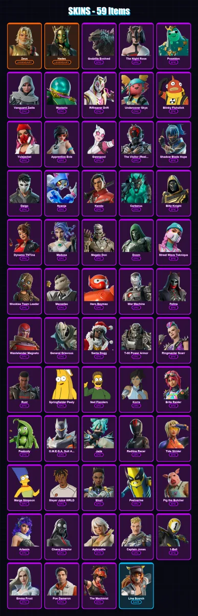 [PS4/PS5/XBOX/PC] | Zeus | Hades | Godzilla Evolved | The Night Rose | Poseidon | 59 skin | 111 pickaxe | 63 emote | 81 glider | Lv1214