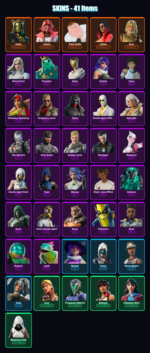 [PC/XBOX] | Hades | Valeria | Peter Griffin | Joltara | Zeus | 41 skin | 60 pickaxe | 48 emote | 42 glider | Lv704