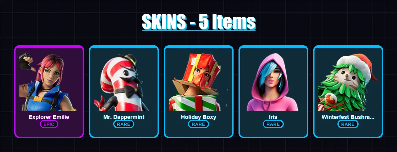 [PC/XBOX/PSN] | Explorer Emilie | Mr. Dappermint | Holiday Boxy | Iris | Winterfest Bushranger | 5 skin | 7 pickaxe | 6 emote | 8 glider | Lv138