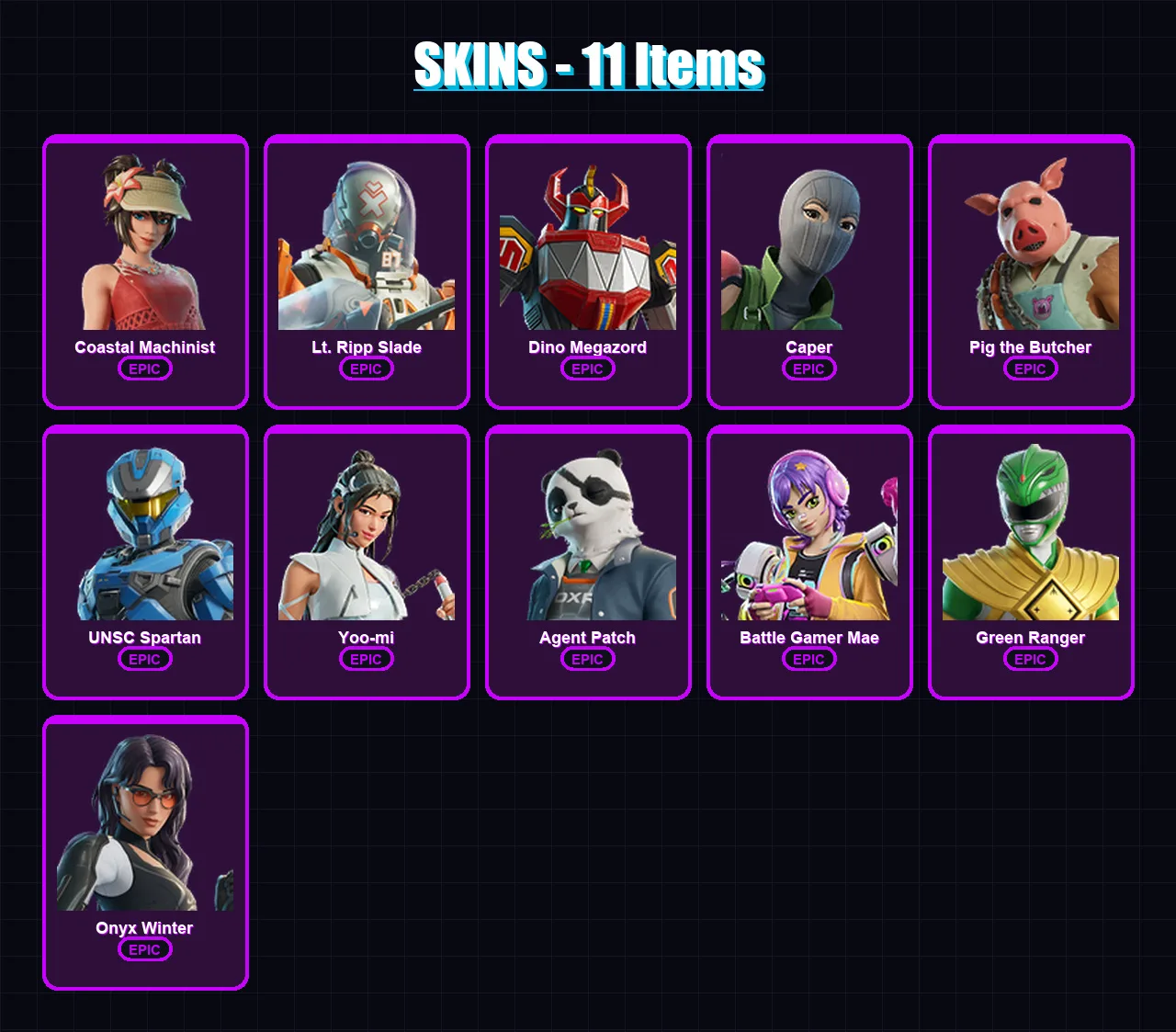 [PC/XBOX/PSN] | Coastal Machinist | Lt. Ripp Slade | Dino Megazord | Caper | Pig the Butcher | 11 skin | 28 pickaxe | 16 emote | 15 glider | Lv191 — Fortnite account