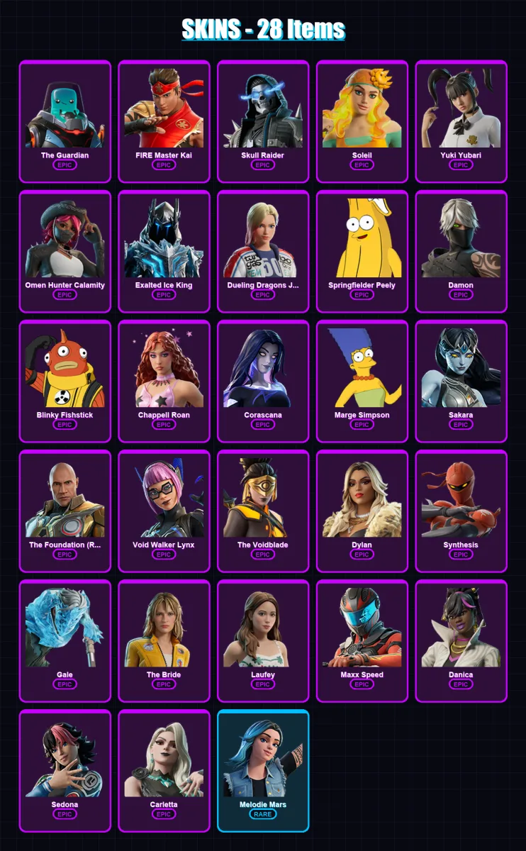 [PC/PSN] | The Guardian | FIRE Master Kai | Skull Raider | Soleil | Yuki Yubari | 28 skin | 19 pickaxe | 7 emote | 9 glider | Lv29