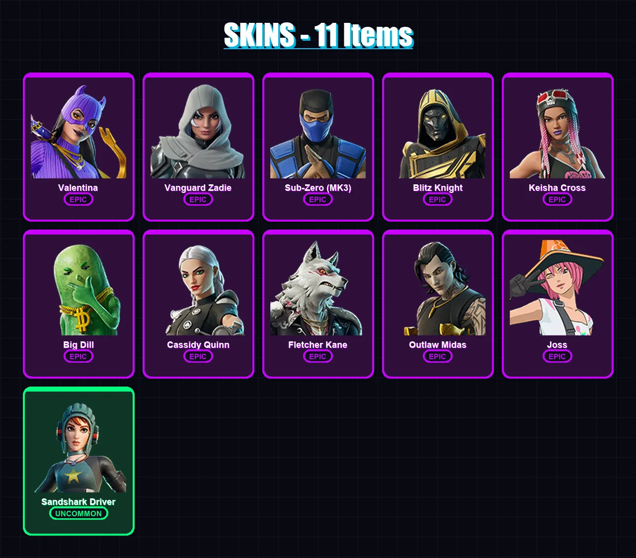 [PC/XBOX/PSN] | Valentina | Vanguard Zadie | Sub-Zero (MK3) | Blitz Knight | Keisha Cross | 11 skin | 37 pickaxe | 17 emote | 23 glider | Lv386