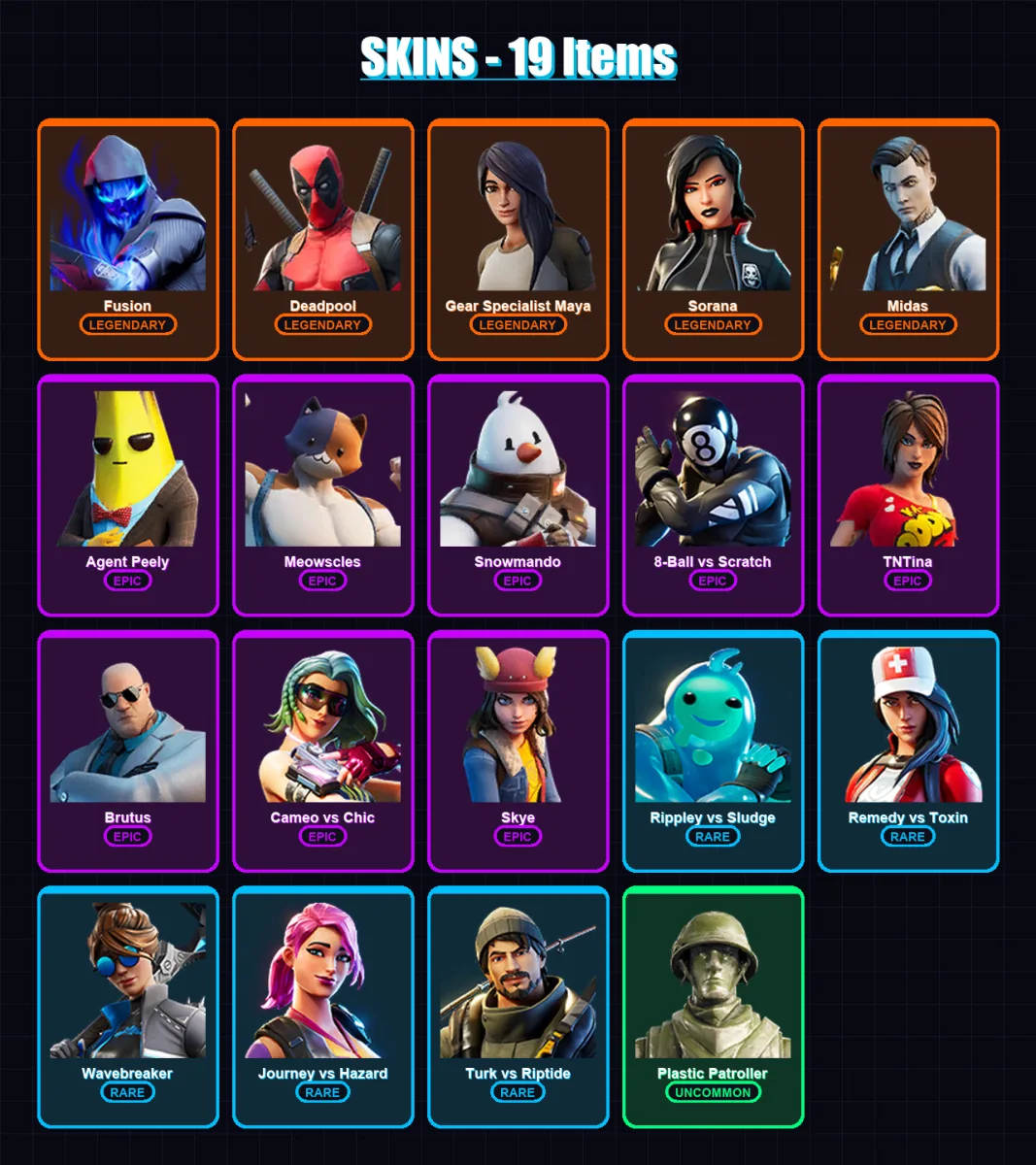 [PC/XBOX/PSN] | Fusion | Deadpool | Gear Specialist Maya | Sorana | Midas | 19 skin | 21 pickaxe | 24 emote | 23 glider | Lv419