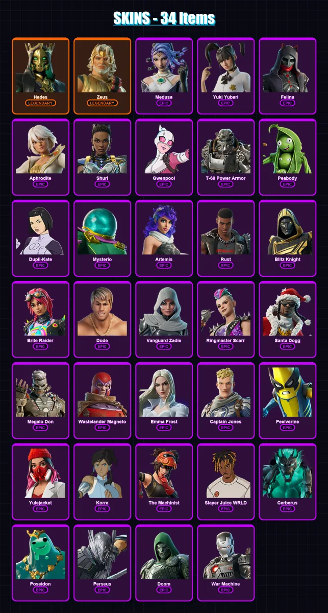 [PS4/PS5/XBOX/PC] | Hades | Zeus | Medusa | Yuki Yubari | Felina | 34 skin | 80 pickaxe | 47 emote | 56 glider | Lv1643