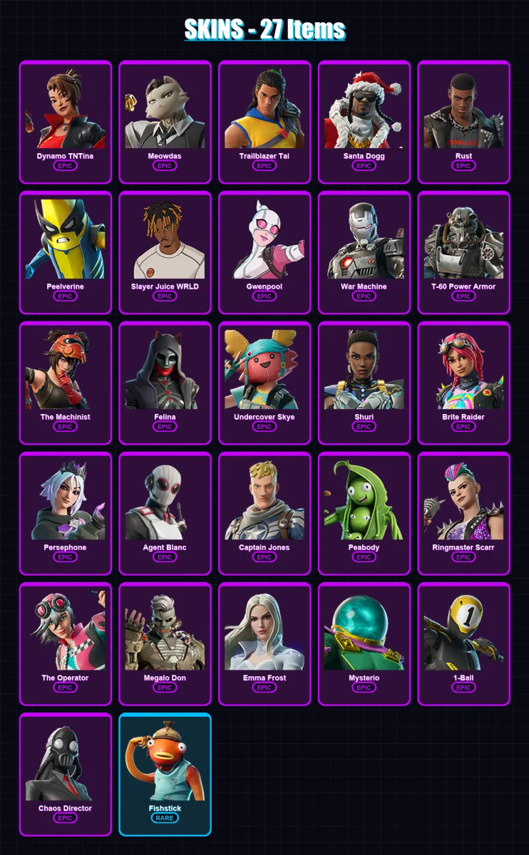 [PC/PSN] | Dynamo TNTina | Meowdas | Trailblazer Tai | Santa Dogg | Rust | 27 skin | 38 pickaxe | 24 emote | 28 glider | Lv300 — Fortnite account