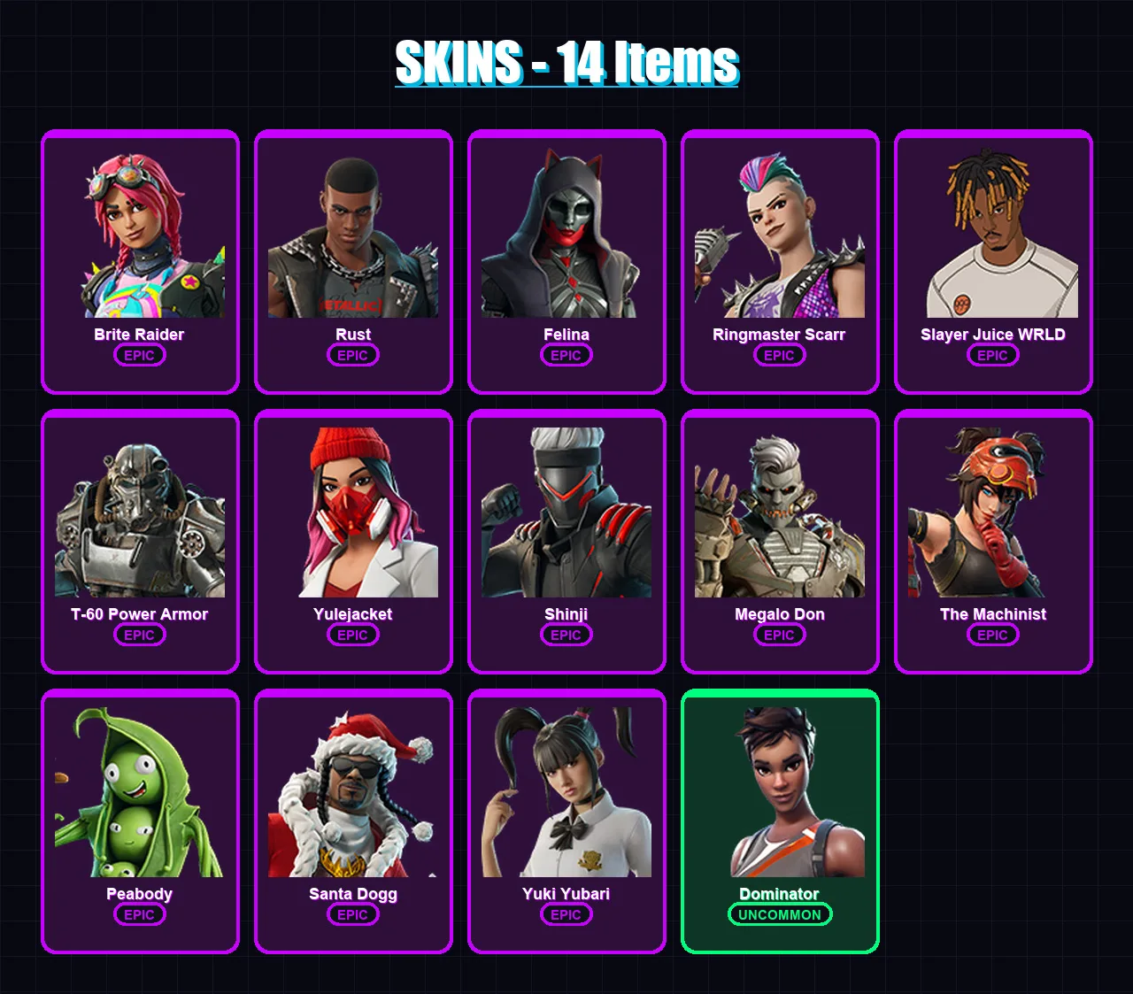 [PS4/PS5/XBOX/PC] | Brite Raider | Rust | Felina | Ringmaster Scarr | Slayer Juice WRLD | 14 skin | 55 pickaxe | 24 emote | 29 glider | Lv705