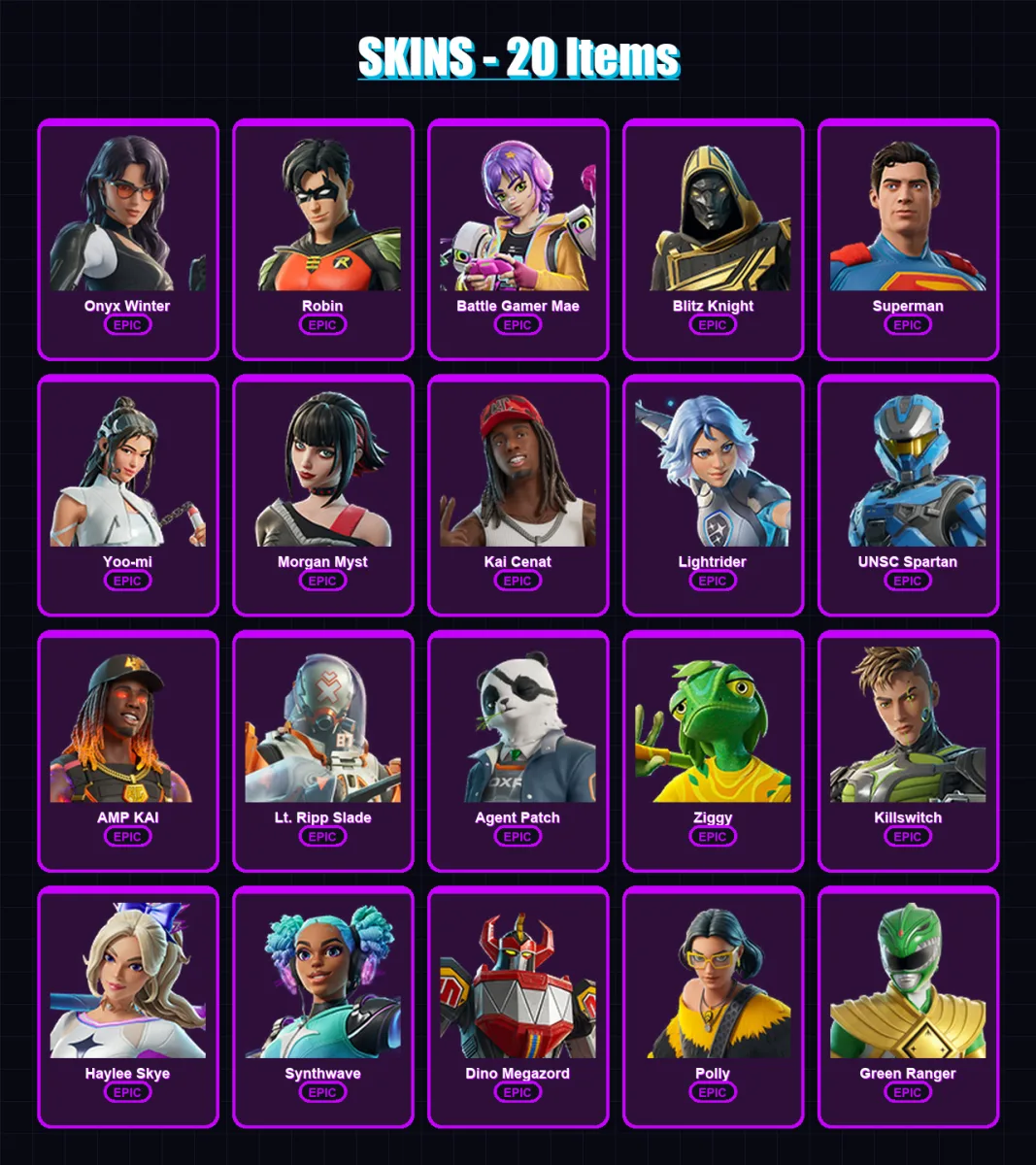[PC/XBOX/PSN] | Onyx Winter | Robin | Battle Gamer Mae | Blitz Knight | Superman | 20 skin | 30 pickaxe | 31 emote | 22 glider | Lv349