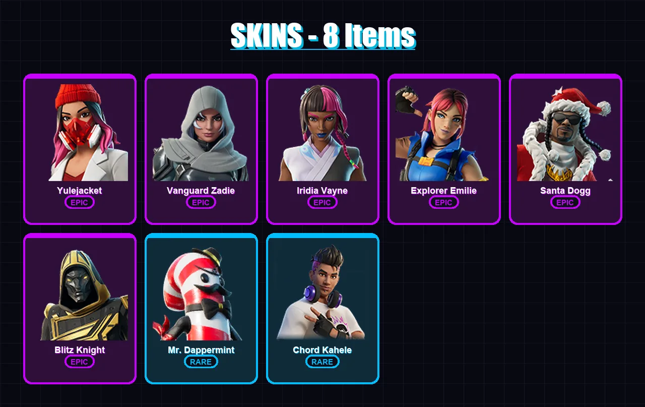 [PS4/PS5/XBOX/PC] | Yulejacket | Vanguard Zadie | Iridia Vayne | Explorer Emilie | Santa Dogg | 8 skin | 41 pickaxe | 13 emote | 28 glider | Lv579