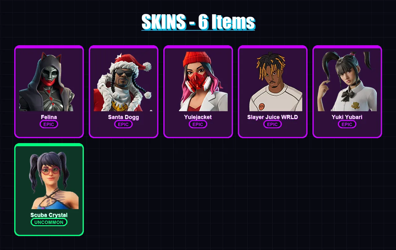 [PC/XBOX/PSN] | Felina | Santa Dogg | Yulejacket | Slayer Juice WRLD | Yuki Yubari | 6 skin | 32 pickaxe | 11 emote | 16 glider | Lv199