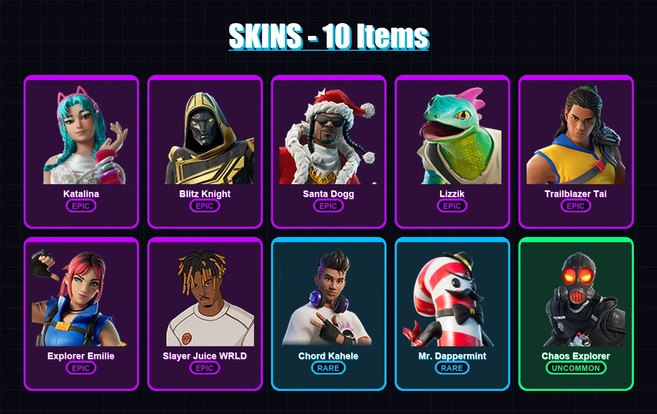 [PC/PSN] | Katalina | Blitz Knight | Santa Dogg | Lizzik | Trailblazer Tai | 10 skin | 25 pickaxe | 9 emote | 15 glider | Lv177