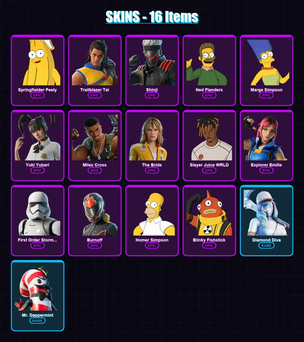 [PC] | Springfielder Peely | Trailblazer Tai | Shinji | Ned Flanders | Marge Simpson | 16 skin | 30 pickaxe | 14 emote | 19 glider | Lv177