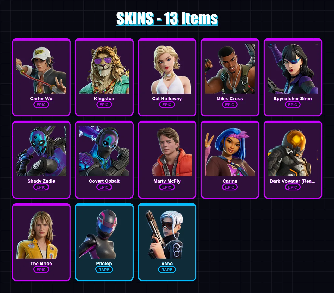 [PC/XBOX/PSN] | Carter Wu | Kingston | Cat Holloway | Miles Cross | Spycatcher Siren | 13 skin | 25 pickaxe | 17 emote | 16 glider | Lv279