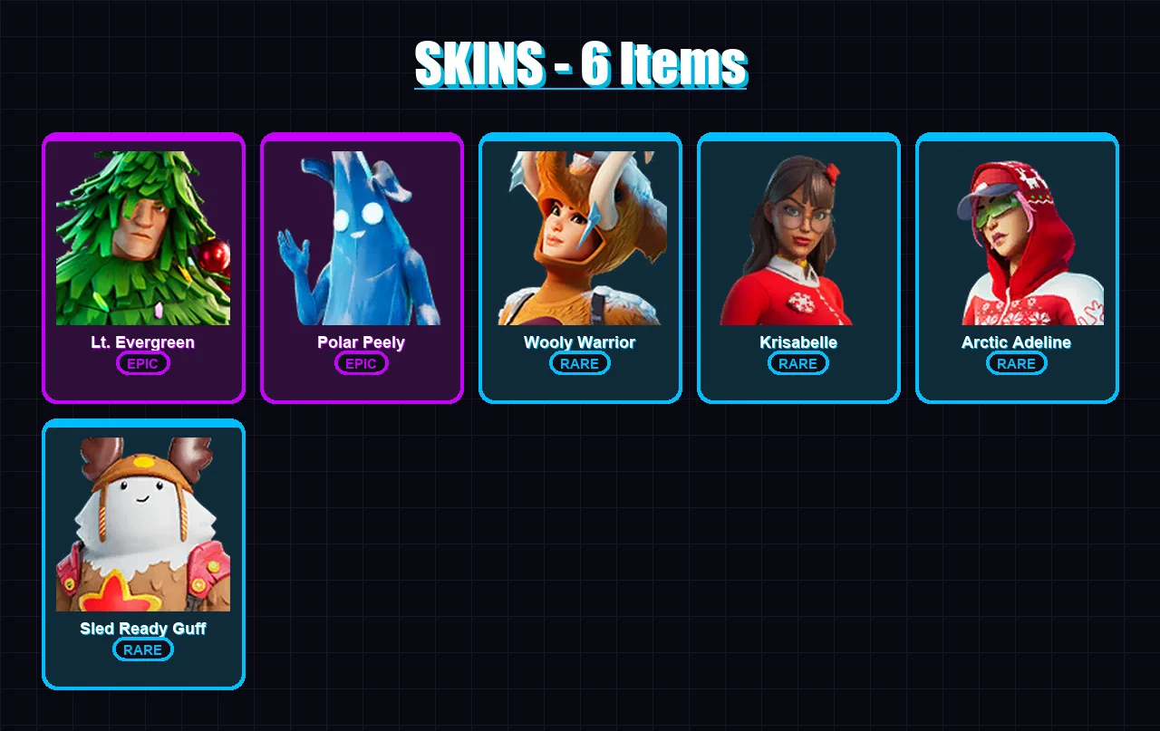 [PS4/PS5/XBOX/PC] | Lt. Evergreen | Polar Peely | Wooly Warrior | Krisabelle | Arctic Adeline | 6 skin | 7 pickaxe | 6 emote | 8 glider | Lv23