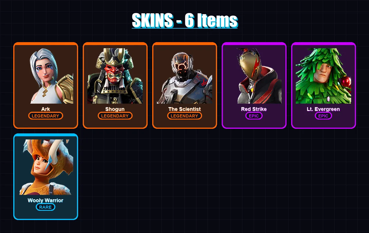 [PC/XBOX/PSN] | Ark | Shogun | The Scientist | Red Strike | Lt. Evergreen | 6 skin | 12 pickaxe | 14 emote | 11 glider | Lv263
