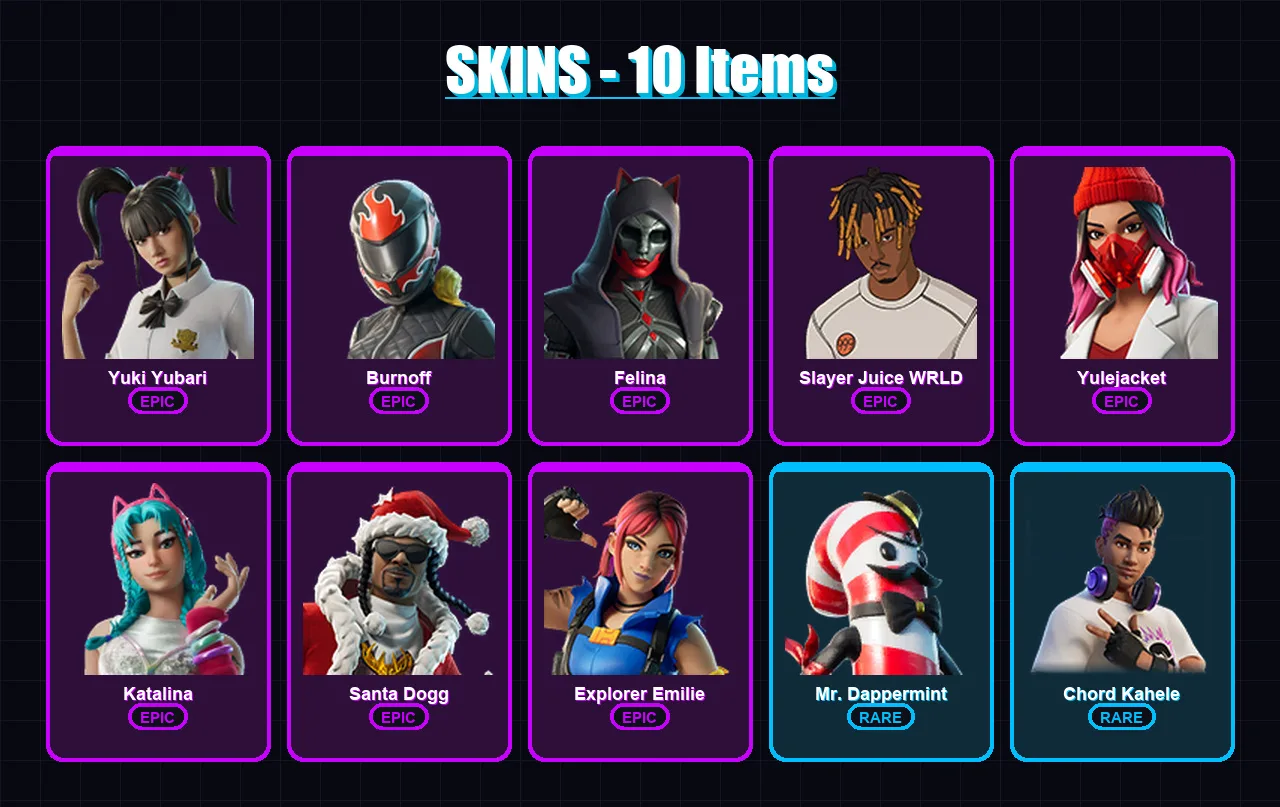 [PC/XBOX/PSN] | Yuki Yubari | Burnoff | Felina | Slayer Juice WRLD | Yulejacket | 10 skin | 32 pickaxe | 12 emote | 19 glider | Lv334
